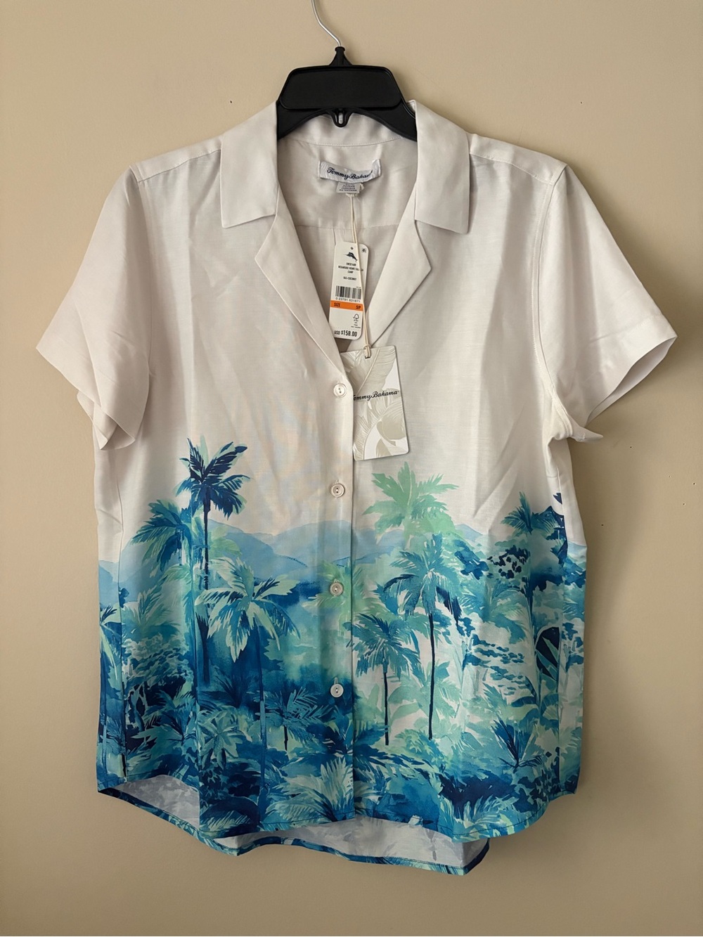 Tommy Bahama Women’s 100% Silk Short-Sleeve Blouse with Blue Palm Print Sz.S New